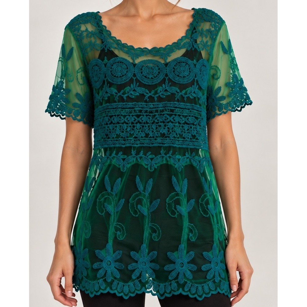 Sundance Teal Embroidered Lace Sheer Tunic Top M Boho